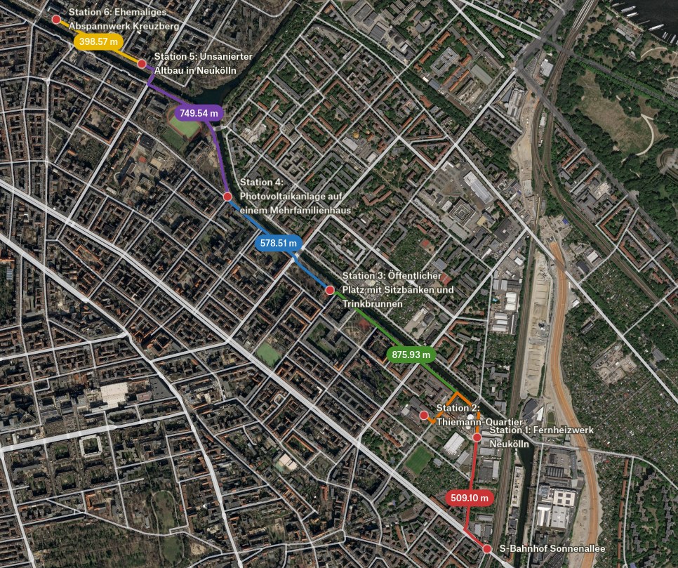 Karte der Route mit allen sechs Stationen in Berlin-Neukölln und Kreuzberg, Gesamtlänge etwa 3,2 Kilometer.